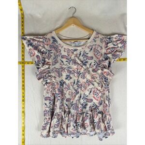 Cato Paisley Ruffle Peplum Top Womens 22/24W Pink Blue Cottagecore Cap Sleeve